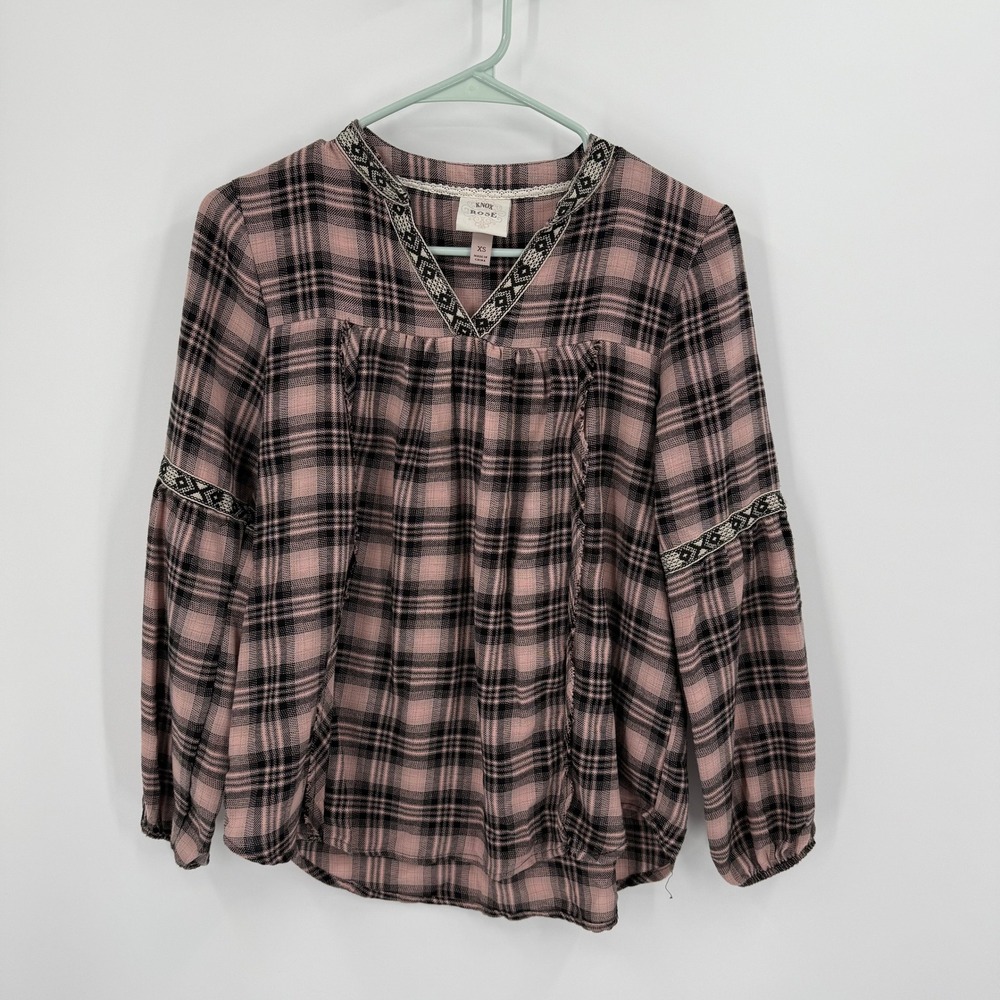 Knox Rose XS Western‎ Plaid Embroidered Long Sleeve Peasant Blouse Top